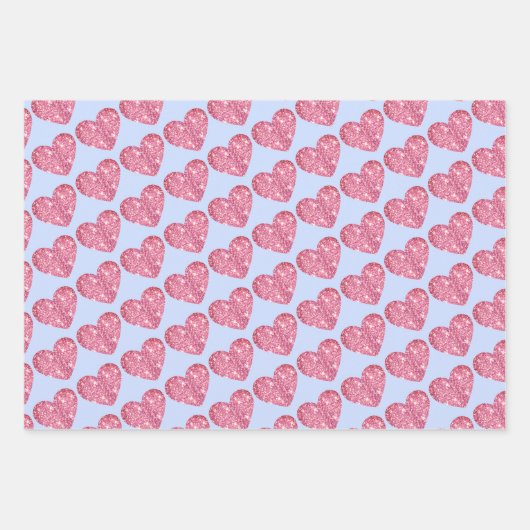 Niedlicher Glitzer Herz rosa Blau Beige Geschenkpapier Set (Vorderseite)