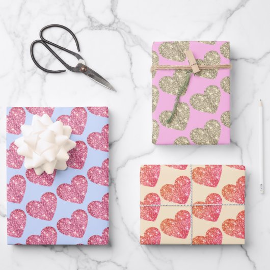 Niedlicher Glitzer Herz rosa Blau Beige Geschenkpapier Set (Vorderseite)