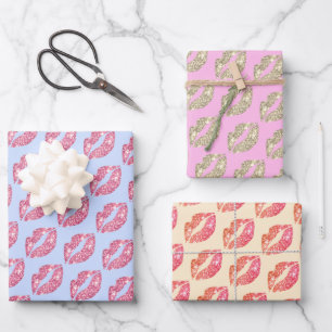 Niedlicher Glitzer Lips Kiss Pink Blue Beige Geschenkpapier Set