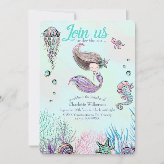 Niedlicher Glitzer Meerjungfrau mit brauner Frisur Einladung (Vorderseite)