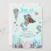 Niedlicher Glitzer Meerjungfrau mit schwarzem Haar Einladung (Vorderseite)