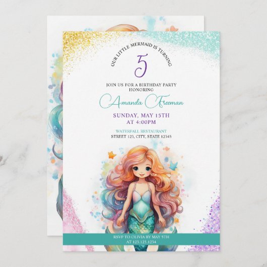 Niedlicher Glitzer Mermaid 5. Geburtstag Einladung (Vorne/Hinten)
