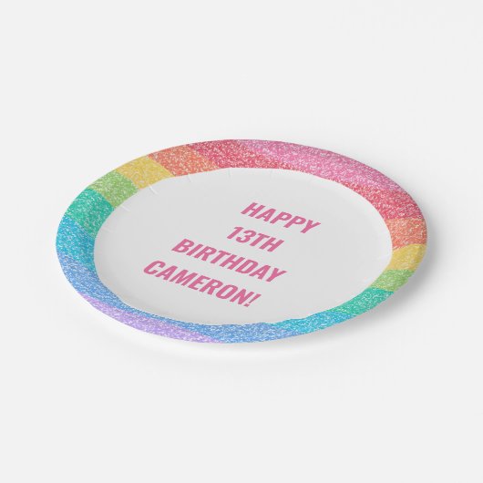 Niedlicher Glitzer Rainbow - farbenfroher Brauch z Pappteller (Schrägansicht)