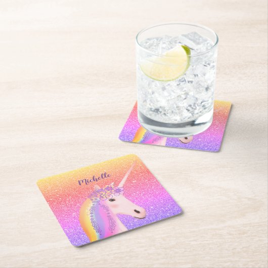 Niedlicher Glitzer Rainbow Unicorage Personalisier Rechteckiger Pappuntersetzer (Vor Ort)