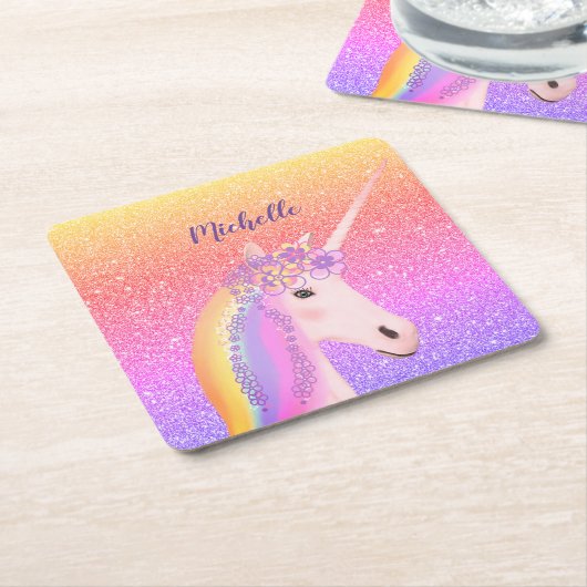 Niedlicher Glitzer Rainbow Unicorage Personalisier Rechteckiger Pappuntersetzer (angewinkelt)