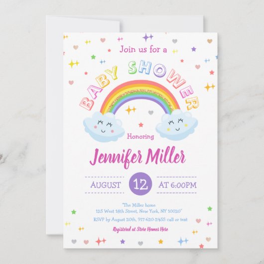 Niedlicher Glitzer Regenbogen farbige Wolken Kinde Einladung (Vorderseite)