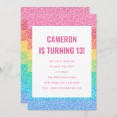 Niedlicher Glitzer Regenbogenstreifen farbenfrohe Einladung (Vorne/Hinten)