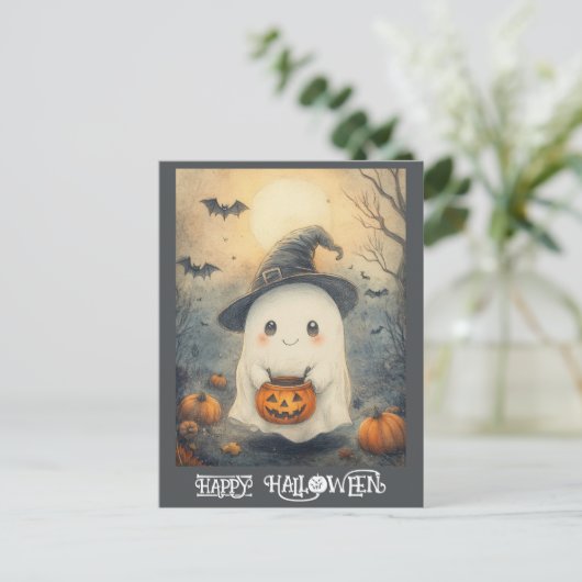 Niedlicher glücklicher Halloween Ghost Trick oder Postkarte (Stehend Vorderseite)