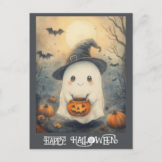 Niedlicher glücklicher Halloween Ghost Trick oder Postkarte (Vorderseite)