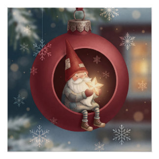 Niedlicher Gnom in rotem Weihnachtsbaumanhänger Poster