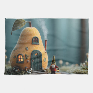 Niedlicher Gnom steht neben einem Biren-Feenhaus Geschirrtuch