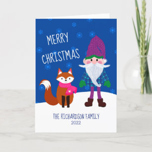 Niedlicher Gnome Fox Schneeflocken Night Blue Feiertagskarte