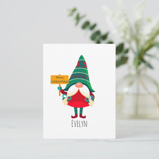 Niedlicher Gnome Holding Platard mit Grüßen Postkarte (Stehend Vorderseite)