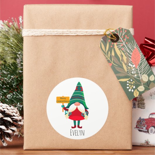 Niedlicher Gnome Holding Platard mit Grüßen Runder Aufkleber (Feiertag)