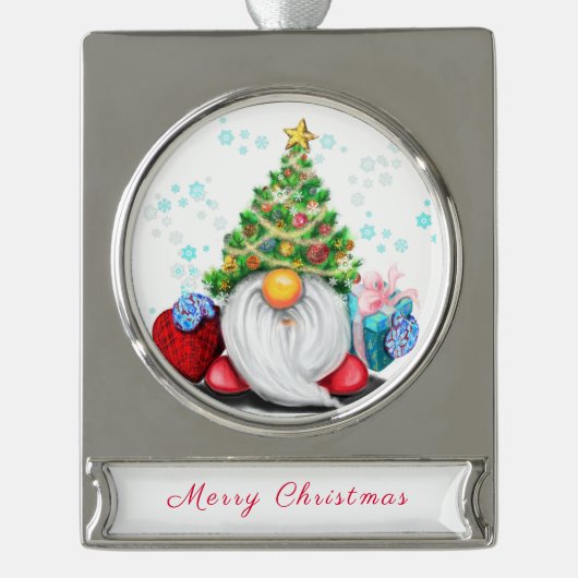 Niedlicher Gnome mit Geschenk Weihnachtsdekoration Banner-Ornament Silber (Vorderseite)