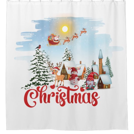 Niedlicher Gnome, Snowman feiert Weihnachtsfeierta Duschvorhang (Vorderseite)