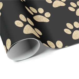 Niedlicher Gold Black Glitzer Paw Prints Pet Liebh Geschenkpapier