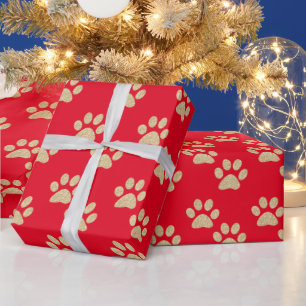 Niedlicher Gold Glitzer Paw Prints Pet Love Red Geschenkpapier