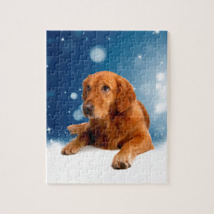 Niedlicher Golden Retriever Hund sitzt in Schneest Puzzle