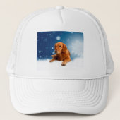 Niedlicher Golden Retriever Hund sitzt in Schneest Truckerkappe (Vorderseite)