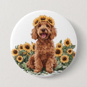 Niedlicher Goldendoodle-Hund mit einer Sonnenblume Button