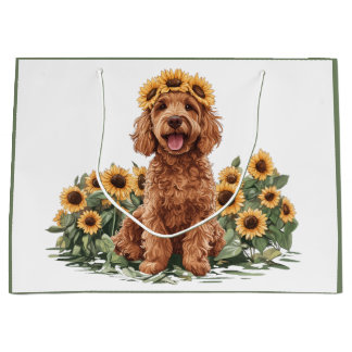 Niedlicher Goldendoodle-Hund mit einer Sonnenblume Große Geschenktüte