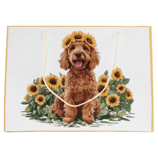 Niedlicher Goldendoodle-Hund mit einer Sonnenblume Große Geschenktüte
