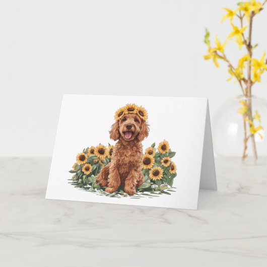 Niedlicher Goldendoodle-Hund mit einer Sonnenblume Karte (Gelbe Blume)