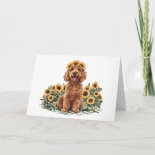 Niedlicher Goldendoodle-Hund mit einer Sonnenblume Karte