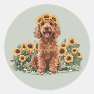 Niedlicher Goldendoodle-Hund mit einer Sonnenblume Runder Aufkleber