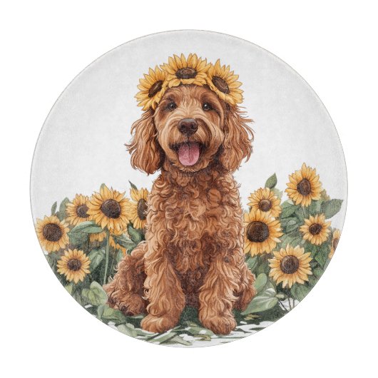 Niedlicher Goldendoodle-Hund mit einer Sonnenblume Schneidebrett (Vorderseite)