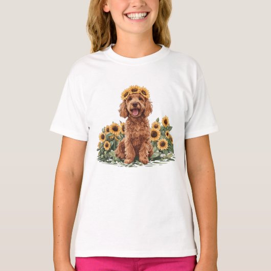Niedlicher Goldendoodle-Hund mit einer Sonnenblume T-Shirt (Vorderseite)