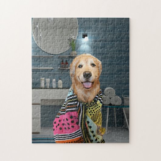 Niedlicher goldener Retriever-Hund im Badezimmer Puzzle (Vertikal)
