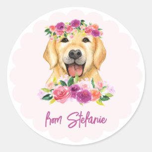 Niedlicher Goldener Retriever und violette Blumen  Runder Aufkleber