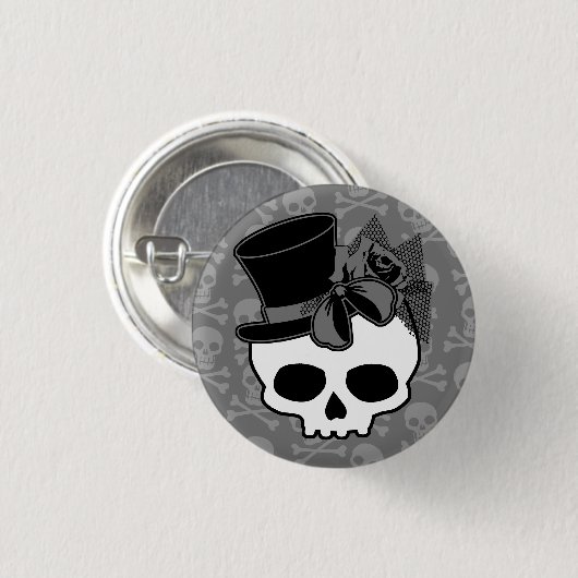 Niedlicher Goth-Skull mit Top-Hat-Rose Button (Vorne & Hinten)