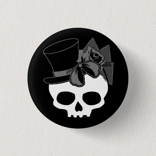 Niedlicher Goth-Skull mit Top-Hat-Rose-Knopf Button (Vorderseite)