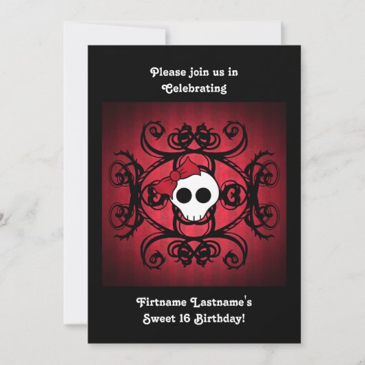 Niedlicher gotischer Schädel auf rot-schwarz-weiße Einladung (Vorderseite)