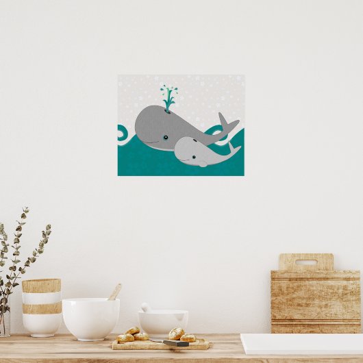 Niedlicher Grauer Baby Whale auf dem Waves Cartoon Poster (Küche)