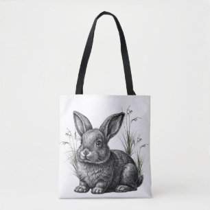 Niedlicher grauer Hase zwischen Gras Tasche