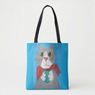 Niedlicher grauer Kaffee Cat Malerei Kunst Spaß Tasche