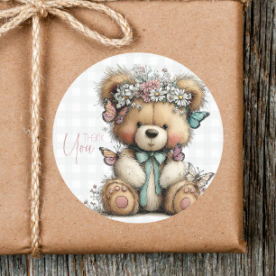 Niedlicher grauer Karo-Teddy-Blumen-Daisy-Dankesch Runder Aufkleber