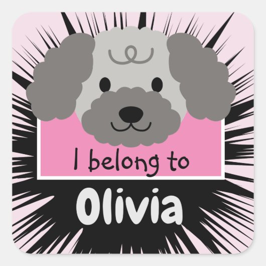 Niedlicher Gray Poodle Buddy mit rosa Personalisie Quadratischer Aufkleber (Vorderseite)