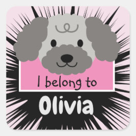 Niedlicher Gray Poodle Buddy mit rosa Personalisie Quadratischer Aufkleber