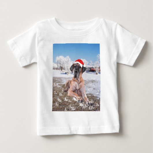 Niedlicher Großer Däne Hund sitzend im Schneehuhhu Baby T-shirt (Vorderseite)
