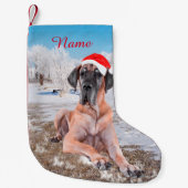 Niedlicher Großer Däne Hund sitzend im Schneehuhhu Kleiner Weihnachtsstrumpf (Vorderseite)