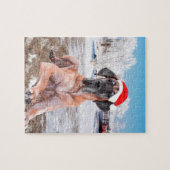 Niedlicher Großer Däne Hund sitzend im Schneehuhhu Puzzle (Horizontal)