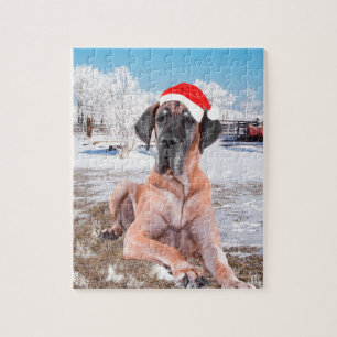 Niedlicher Großer Däne Hund sitzend im Schneehuhhu Puzzle