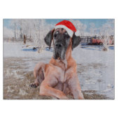 Niedlicher Großer Däne Hund sitzend im Schneehuhhu Schneidebrett (Vorderseite)