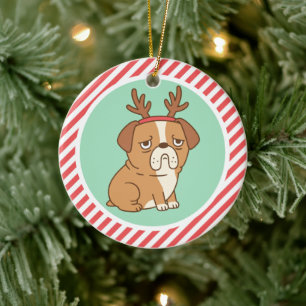 Niedlicher Grumpy Bulldog mit Rentierhaar Keramik Ornament