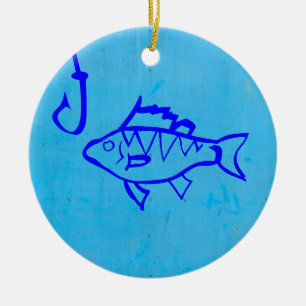 Niedlicher grunblauer Fisch und Angelhaken Keramik Ornament